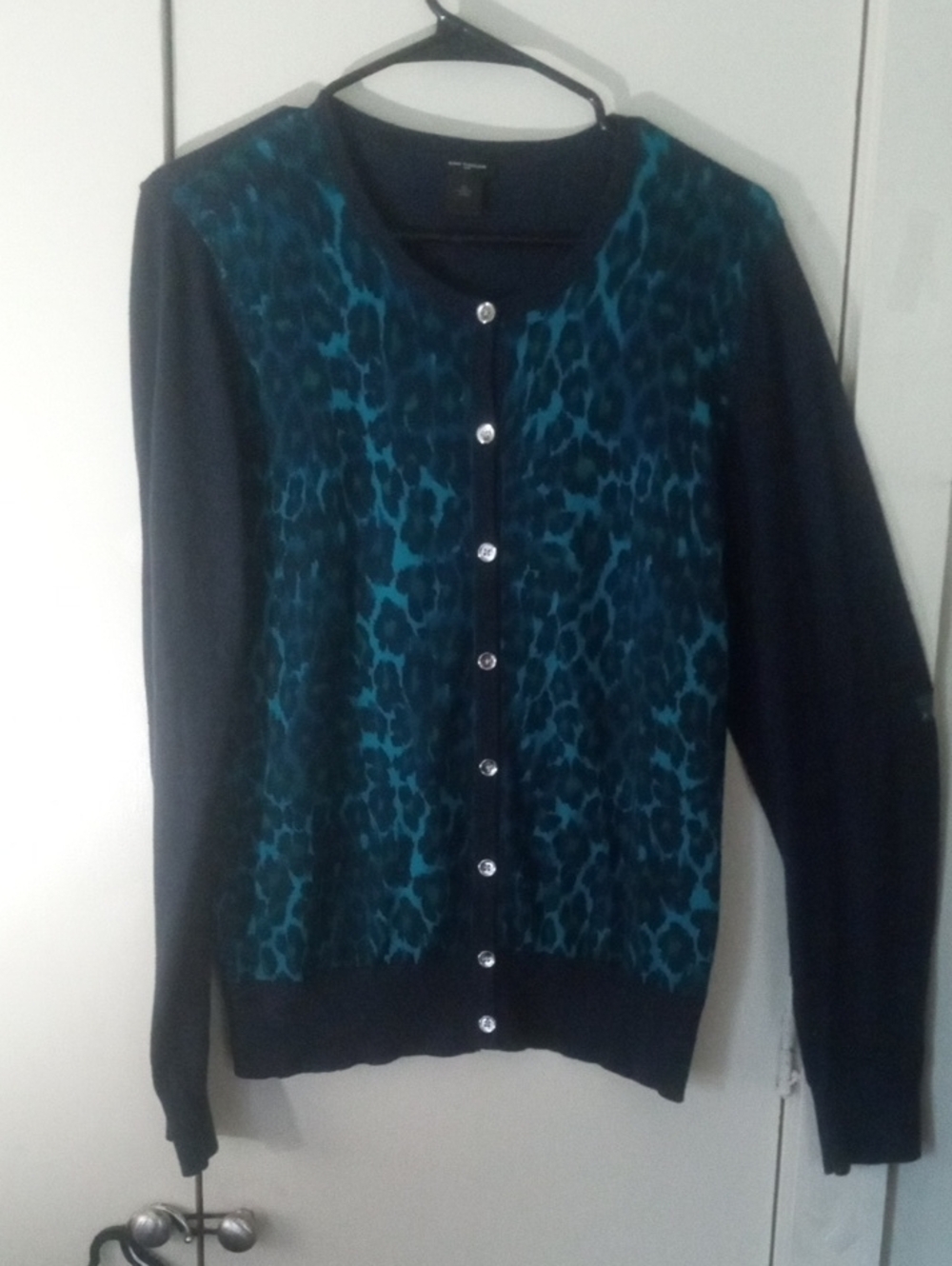 Ann Taylor Teal and Black Leopard-Print Soft Cotton Silver Button Cardigan XL